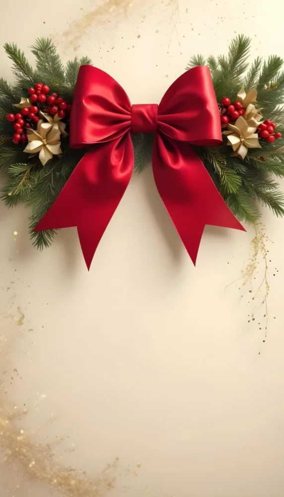 A Festive Christmas Wreath With A Large Gold Bow Pine Branches And Red Berries Against A Light Background With Gold Sparkles 4