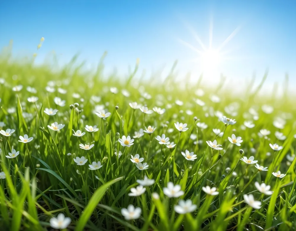 A Field Of Green Grass With Small White Flowers A Bright Blue Sky With Bokeh Effect In The Background Sunny Day 31 8c10