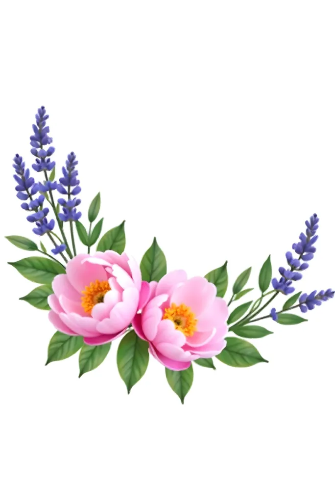A Floral Arrangement With Pink And Purple Peonies Small Lavender Flowers And Green Leaves Isolated On A White Background 1 8674