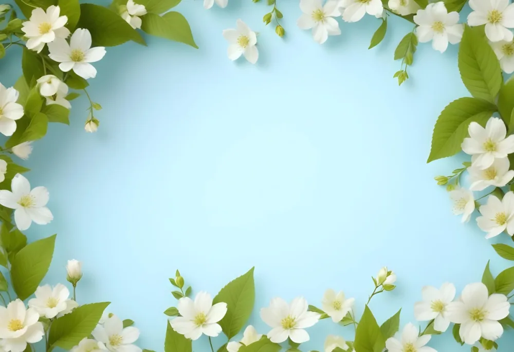 A Floral Frame With White Flowers And Green Leaves Against A Soft Blue Background 29 D84b