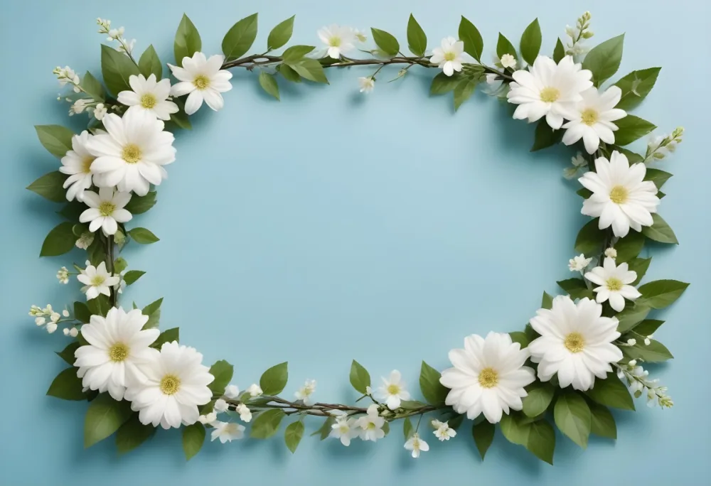 A Floral Frame With White Flowers And Green Leaves Against A Soft Blue Background 6 69ce