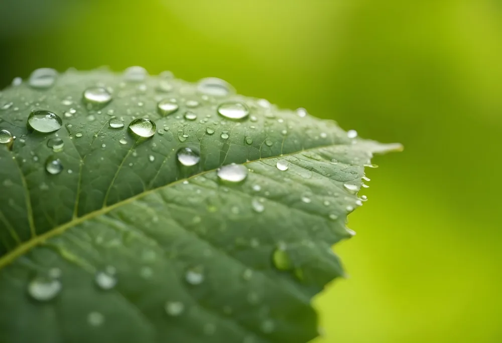 A Green Leaf Covered In Water Droplets The Leaf Is In Focus And The Background Is A Soft Blurred Green 35 5150