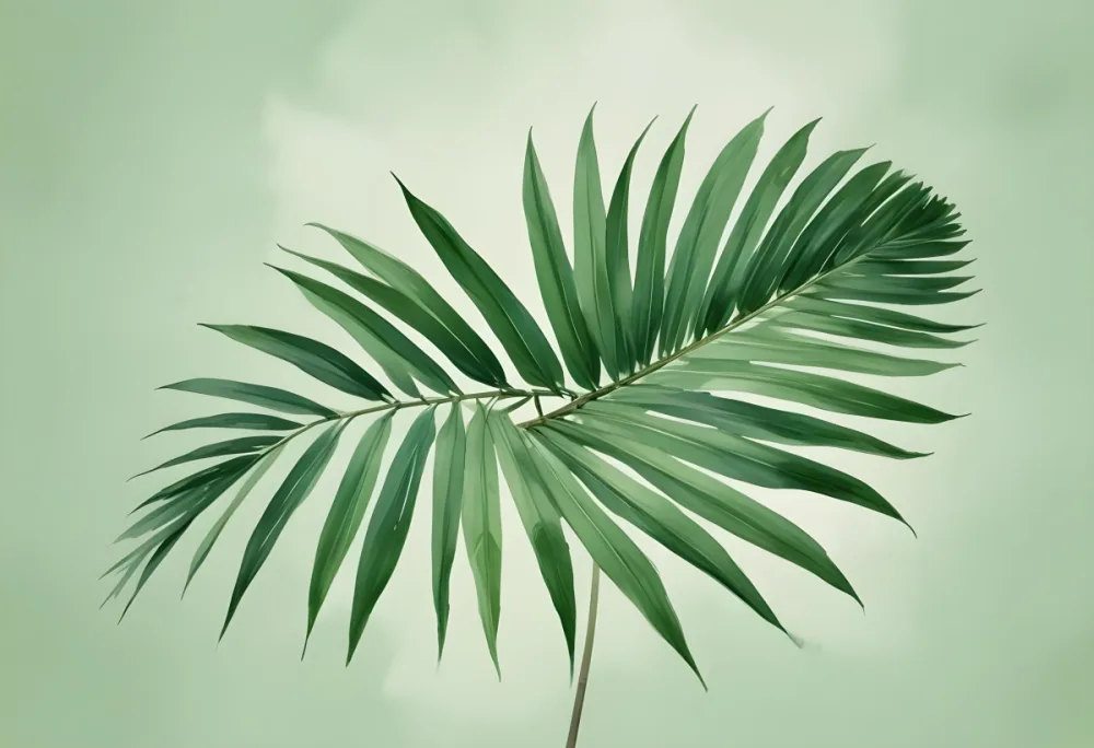 A Green Palm Leaf With Long Pointed Leaflets Positioned On The Right Side Against A Solid Light Green Background 8 978f