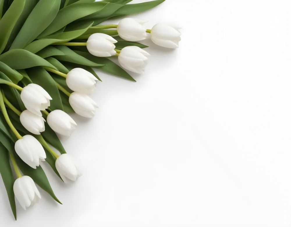 A Group Of White Tulips With Green Leaves Arranged In The Upper Left Corner Against A Clean White Background 19 A91d