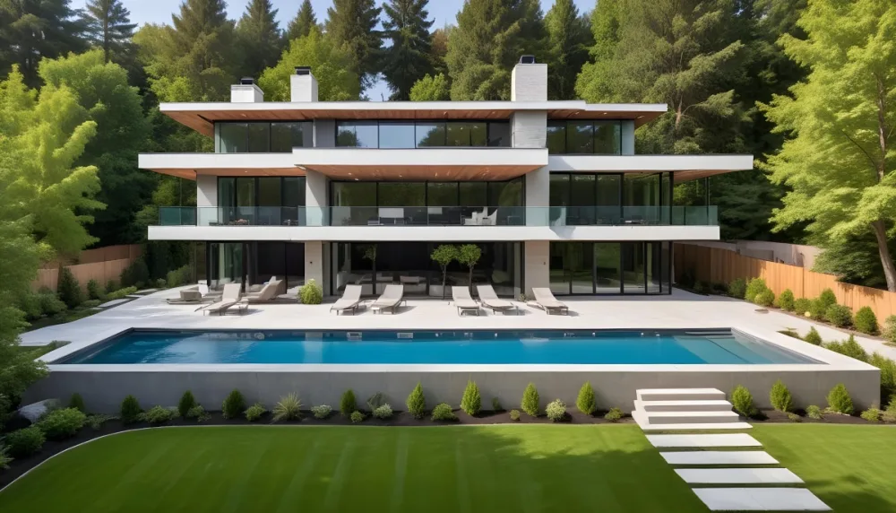 A Large Modern Two Story House With A Swimming Pool In The Backyard Surrounded By Trees And Landscaping 11 2412
