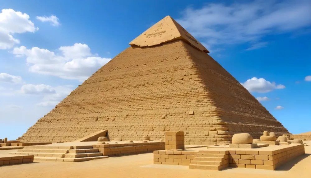 A Large Sand Colored Pyramid With A Pointed Top Against A Clear Blue Sky Surrounded By Smaller Structures In The Desert 1 2f63