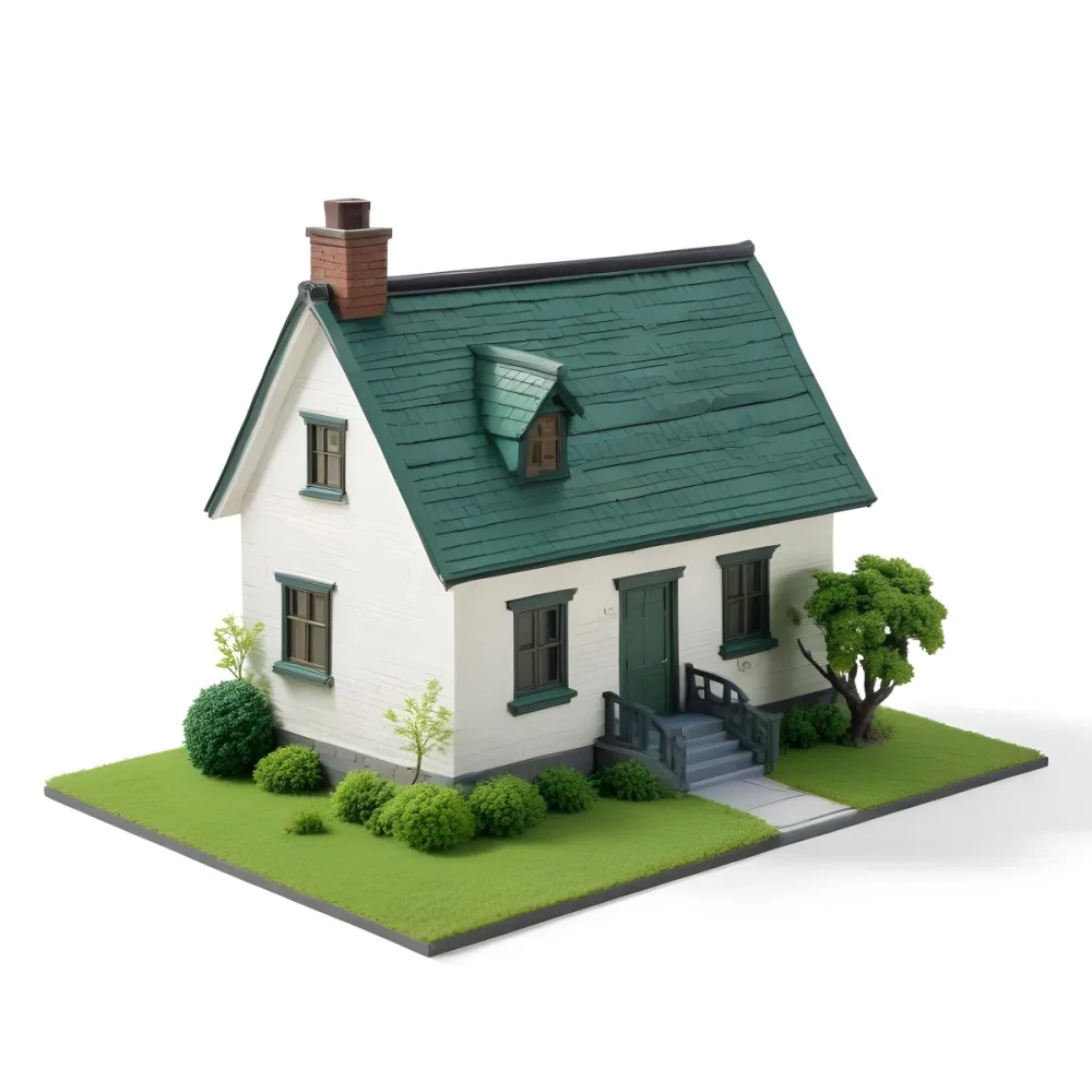 A Miniature Model Of A Two Story House With A White Roof Green Walls A Brick Chimney And A Small Dormer Window Window Surrounded By Green Grass And Bushes 49 E095