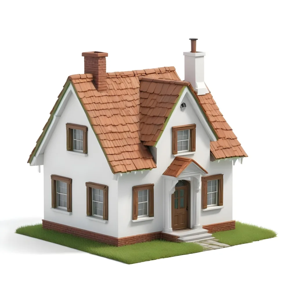 A Miniature White House With A Brown Roof And A Chimney Surrounded By A Small Patch Of Green Grass Isolated On A White Background 11 4d6d