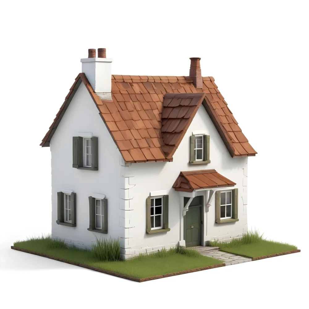 A Miniature White House With A Brown Roof And A Chimney Surrounded By A Small Patch Of Green Grass Isolated On A White Background 9 Defc