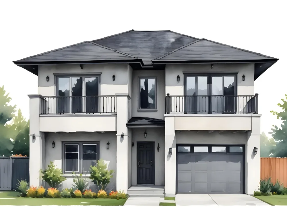 A Modern Two Story House With A Black Roof Gray Walls And Gray Framed Windows A Small Balcony On The Second Floor And A Well Manicured Lawn 50 Ade8