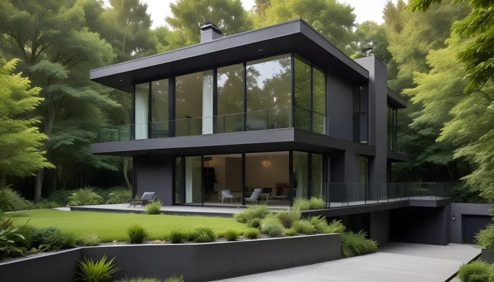 A Modern Two Story House With A Minimalist Design The Exterior Features A Mix Of Dark And Light Colors With Large Windows And A Flat Roof The House Is Surrounded By Lush Greenery Including Trees And Shrubs 1 3 8773