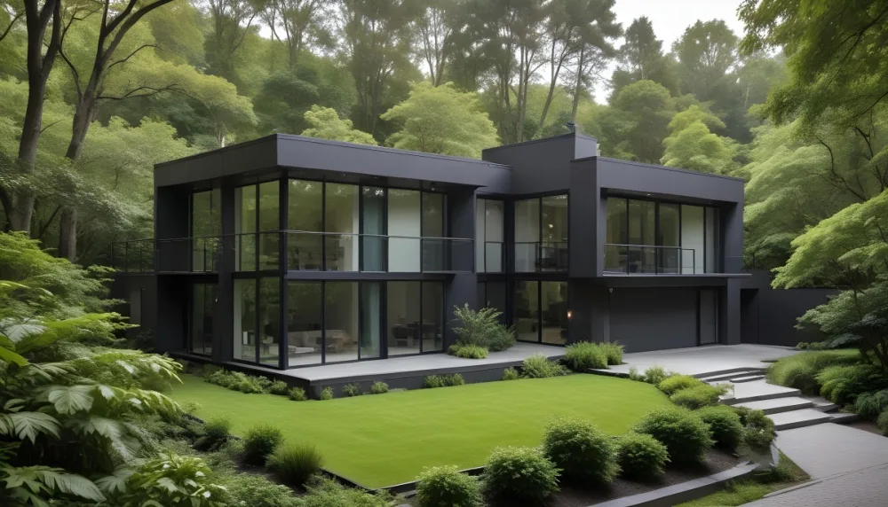 A Modern Two Story House With A Minimalist Design The Exterior Features A Mix Of Dark And Light Colors With Large Windows And A Flat Roof The House Is Surrounded By Lush Greenery Including Trees And Shrubs 1 6 3337