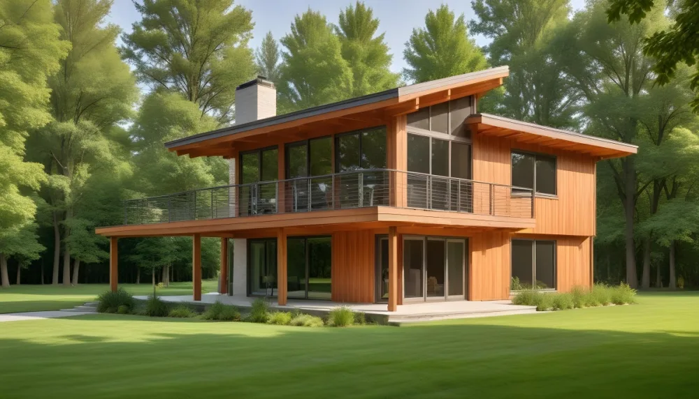 A Modern Two Story Residential House With A Wooden Exterior Large Windows And A Covered Porch The House Is Surrounded By A Grassy Lawn And Trees Suggesting A Rural Setting 8 2689