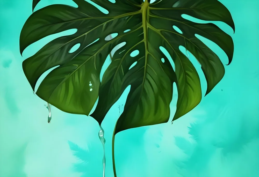 A Monstera Leaf With Holes Dark Green Color Studio Shot Green Background Tropical Plant Vibrant Colors Detailed Veins Close Up Shot Botanical Theme 35 Cebd