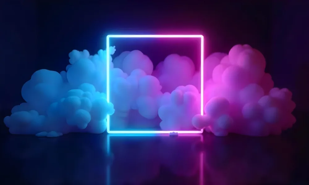 A Neon Square With Blue And Pink Lights Surrounded By Smoke In A Dark Room With A Reflective Floor 30 B083