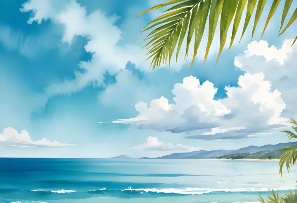 A Palm Leaf On A Sunny Day Blue Sky With Clouds And A Turquoise Sea In The Background 37 0a2f