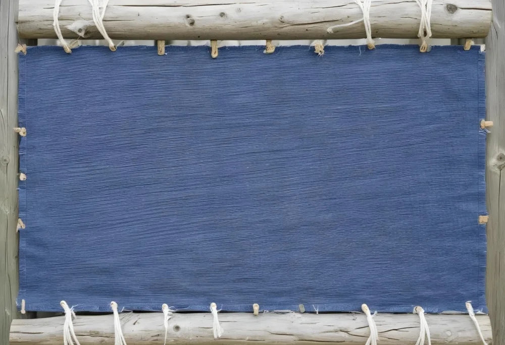 A Piece Of Dark Blue Fabric Is Stretched Across A Wooden Frame The Fabric Is Secured With White Ropes Threaded Through Eyelets Along The Edges The Wooden Frame Appears To Be Made Of Logs Showcasing A Natural Texture 17 61cd