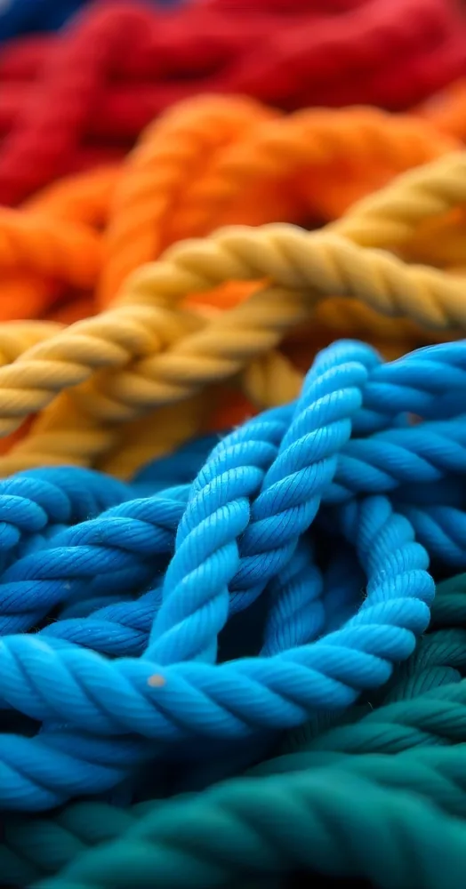 A Pile Of Colorful Twisted Ropes Blue Rope In The Foreground Red Orange Yellow And Green Ropes In The Background 22 1f37