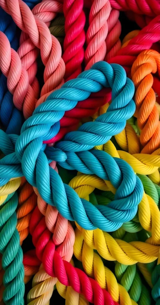 A Pile Of Colorful Twisted Ropes Blue Rope In The Foreground Red Orange Yellow And Green Ropes In The Background 84 39e7