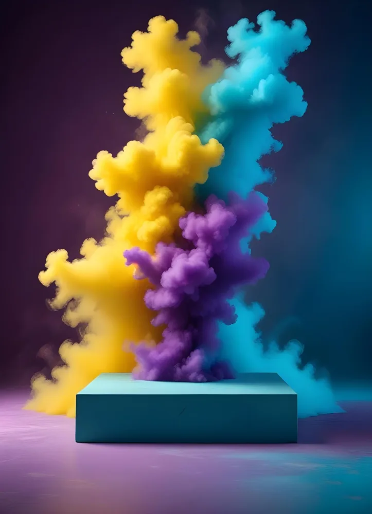 A Podium With Yellow Purple And Cyan Smoke Explosion In A Studio With A Colorful Background 1 94f2