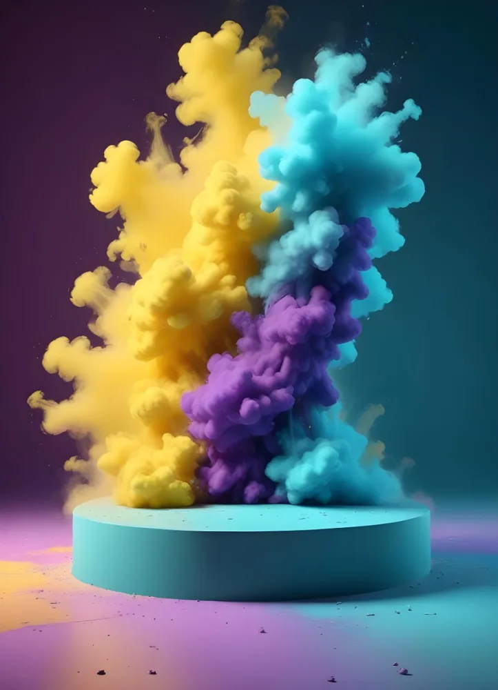 A Podium With Yellow Purple And Cyan Smoke Explosion In A Studio With A Colorful Background 13 73dd