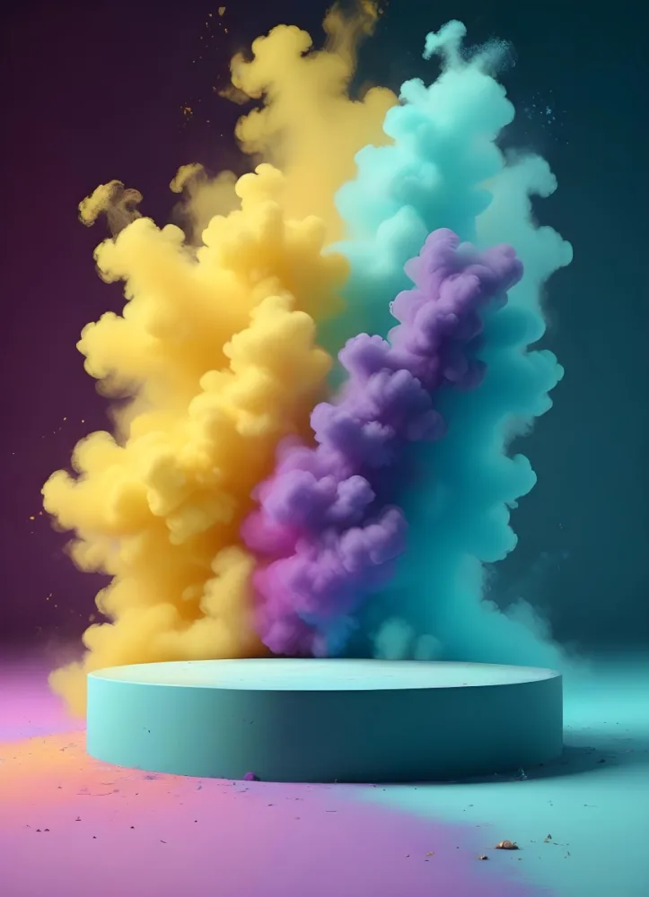 A Podium With Yellow Purple And Cyan Smoke Explosion In A Studio With A Colorful Background 36 F898