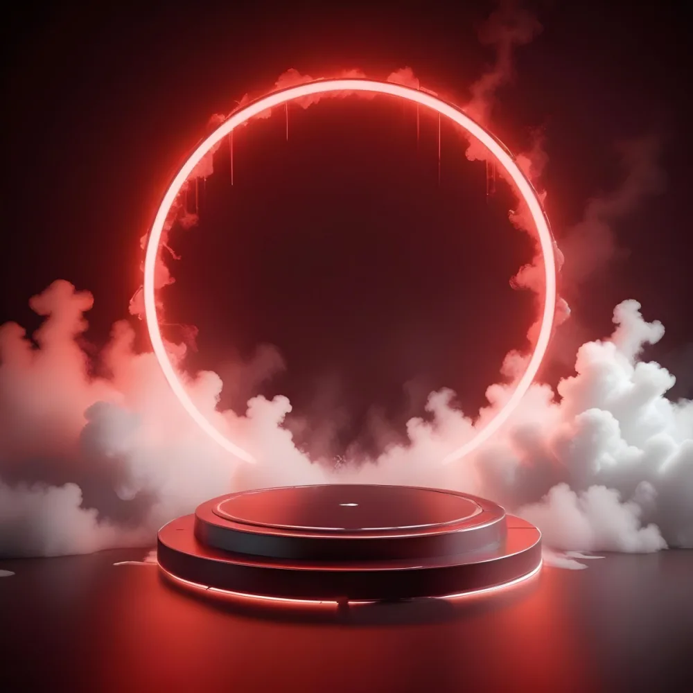 A Red Podium With White Neon Lights And A White Neon Circle Behind It Surrounded By White Smoke On A Red Background 30 C379