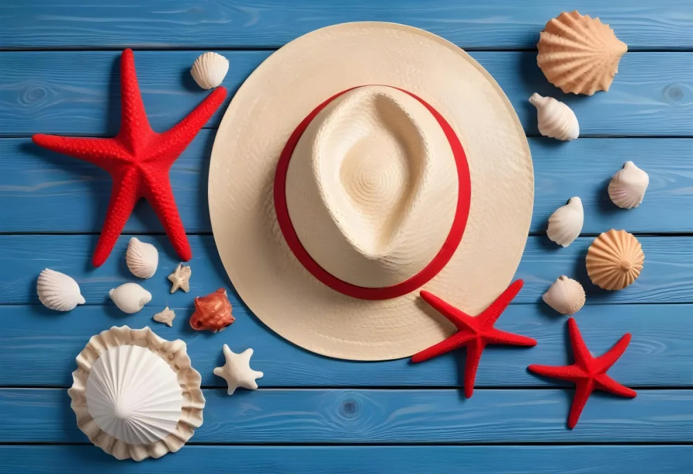 A Red Starfish Seashells And A Straw Hat On A Blue Wooden Background Summer Vacation Concept Beach Theme Top View Flat Lay 1 4416