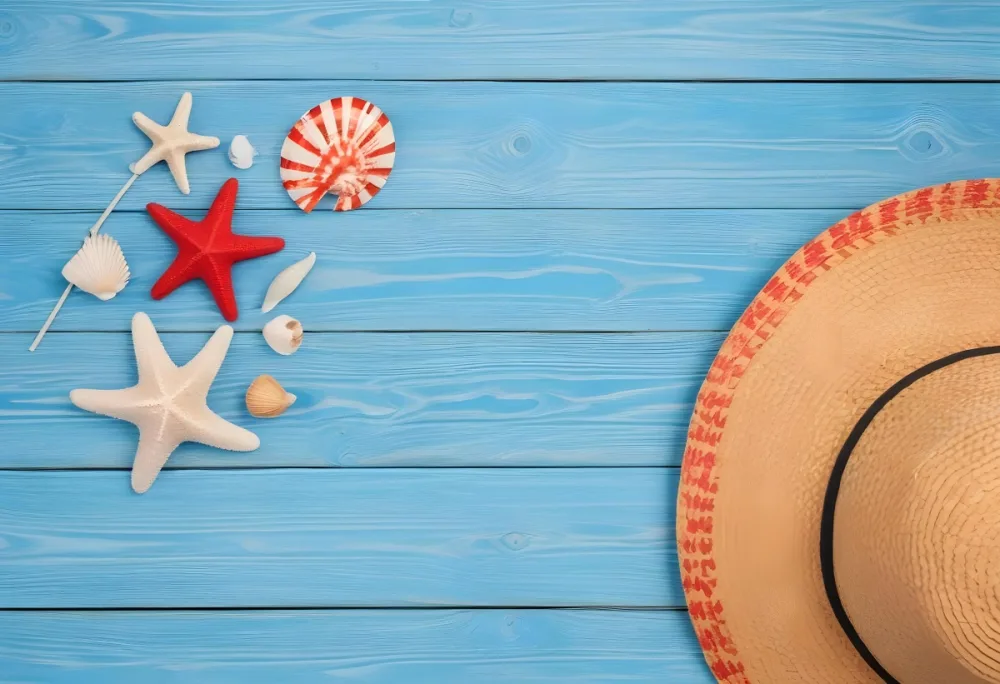 A Red Starfish Seashells And A Straw Hat On A Blue Wooden Background Summer Vacation Concept Beach Theme Top View Flat Lay 13 6fdc