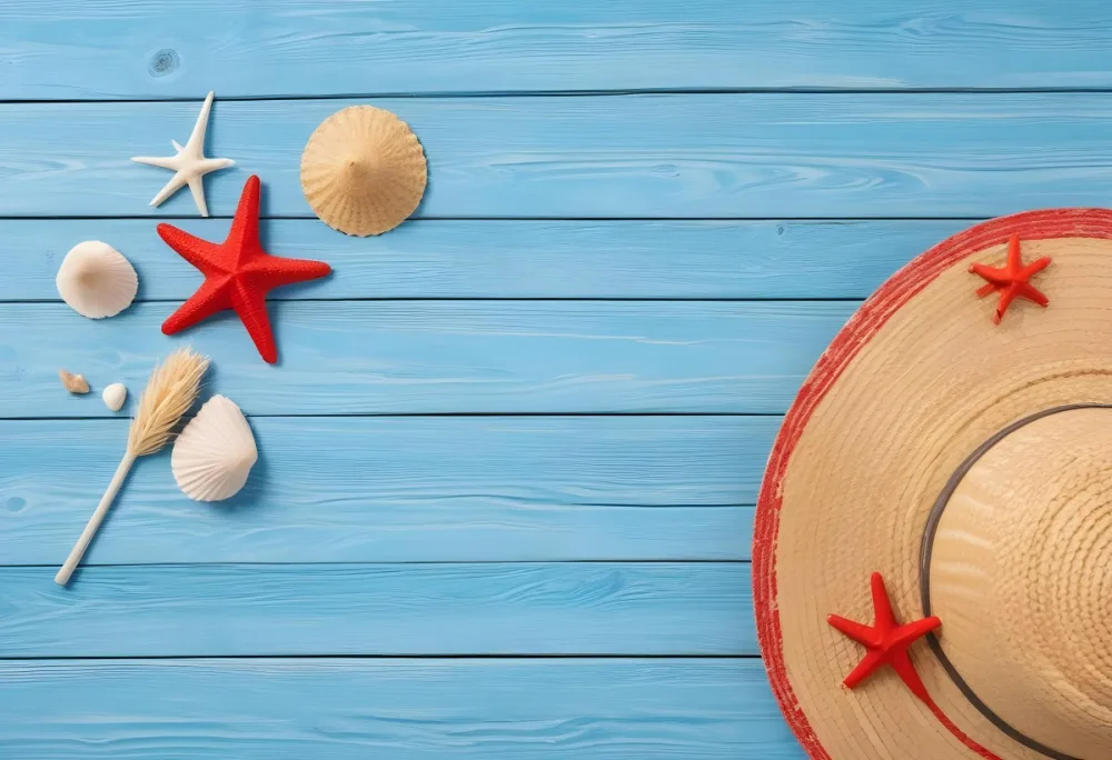 A Red Starfish Seashells And A Straw Hat On A Blue Wooden Background Summer Vacation Concept Beach Theme Top View Flat Lay 6 Cff8