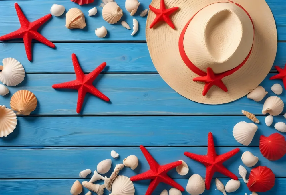 A Red Starfish Seashells And A Straw Hat On A Blue Wooden Background Summer Vacation Concept Beach Theme Top View Flat Lay 7 F766