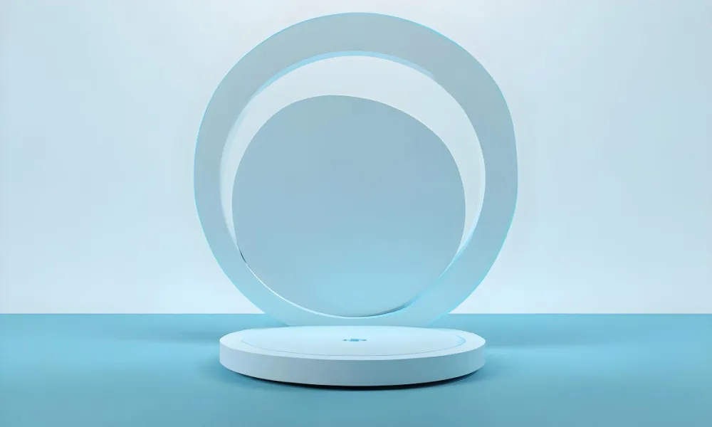 A Silver Podium With A Glass Circle Behind It Light Blue Background Minimalist Design Soft Lighting Clean And Modern Aesthetic Product Display Elegant Presentation 11 67a8