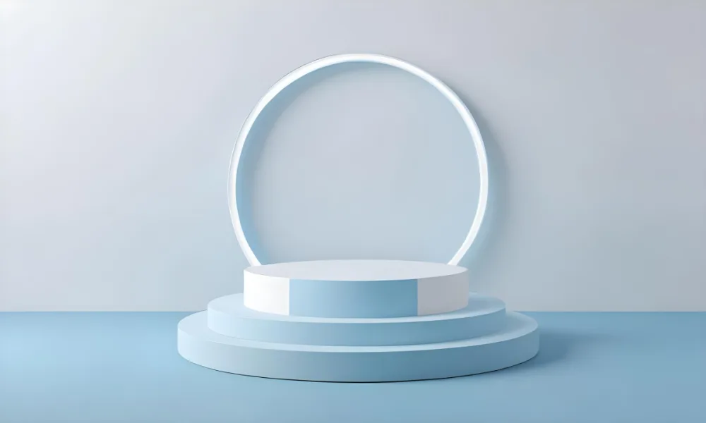 A Silver Podium With A Glass Circle Behind It Light Blue Background Minimalist Design Soft Lighting Clean And Modern Aesthetic Product Display Elegant Presentation 15 60cd