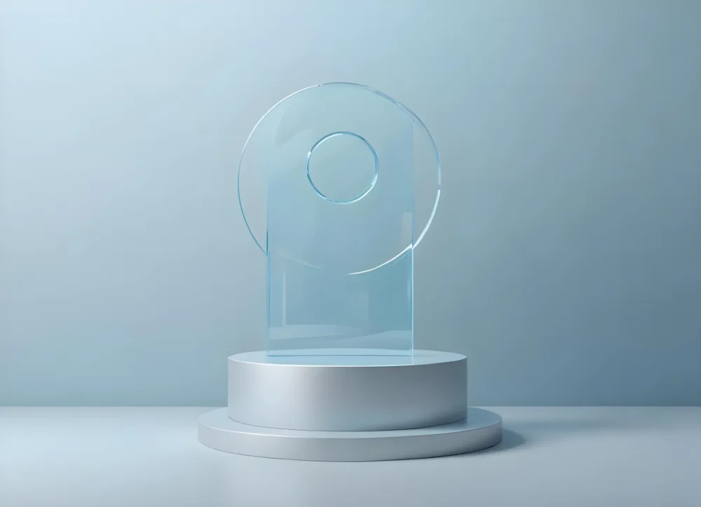 A Silver Podium With A Glass Circle Behind It Light Blue Background Minimalist Design Soft Lighting Clean And Modern Aesthetic Product Display Elegant Presentation 19 E2bc