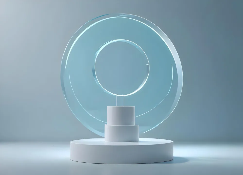 A Silver Podium With A Glass Circle Behind It Light Blue Background Minimalist Design Soft Lighting Clean And Modern Aesthetic Product Display Elegant Presentation 22 40d5