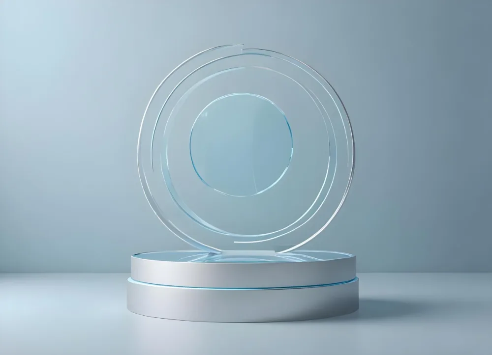 A Silver Podium With A Glass Circle Behind It Light Blue Background Minimalist Design Soft Lighting Clean And Modern Aesthetic Product Display Elegant Presentation 23 6fe7