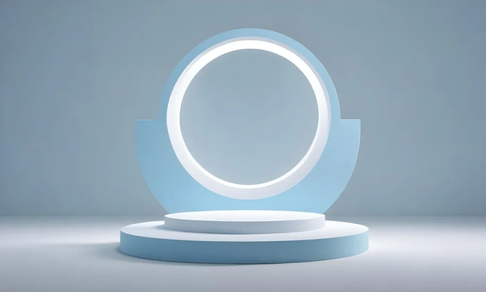 A Silver Podium With A Glass Circle Behind It Light Blue Background Minimalist Design Soft Lighting Clean And Modern Aesthetic Product Display Elegant Presentation 35 0762