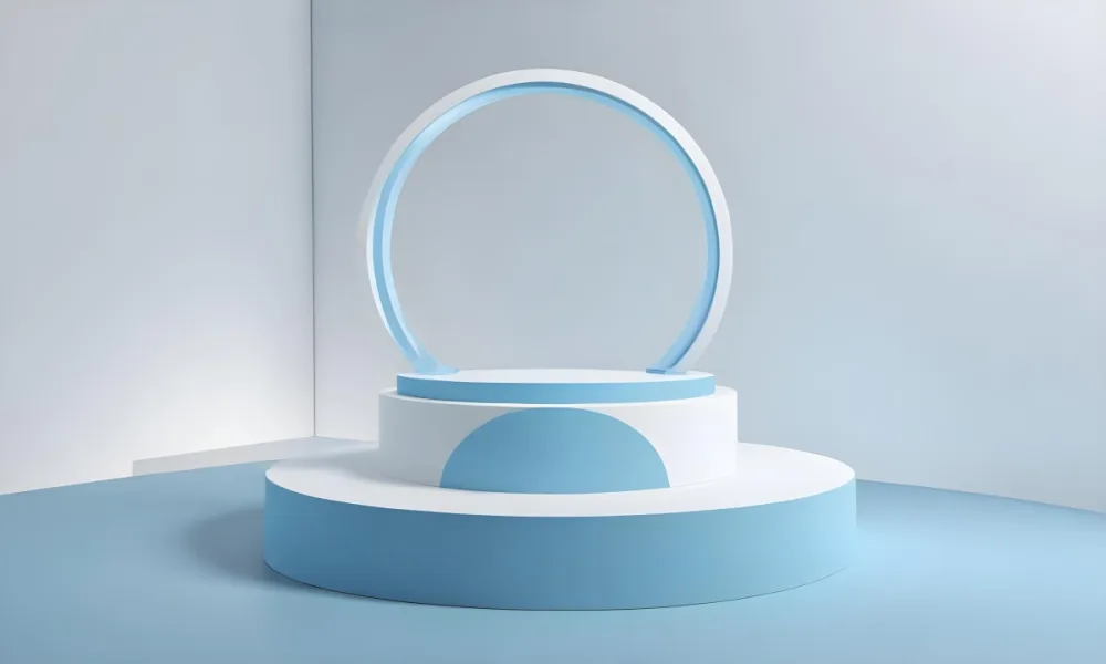 A Silver Podium With A Glass Circle Behind It Light Blue Background Minimalist Design Soft Lighting Clean And Modern Aesthetic Product Display Elegant Presentation 36 8357