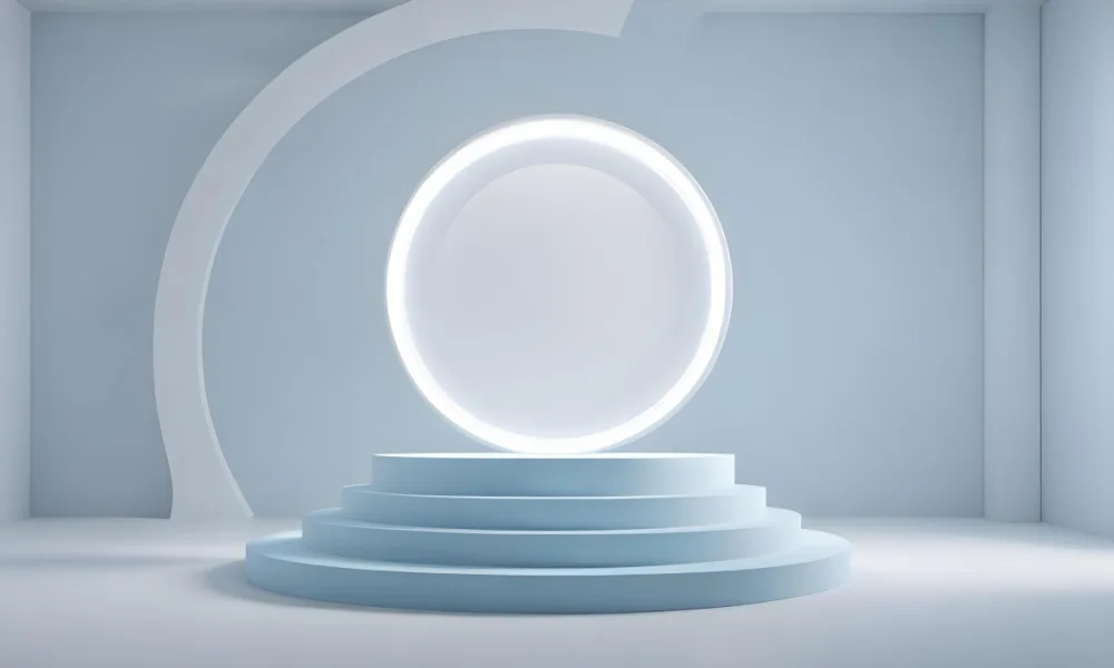 A Silver Podium With A Glass Circle Behind It Light Blue Background Minimalist Design Soft Lighting Clean And Modern Aesthetic Product Display Elegant Presentation 38 61f1