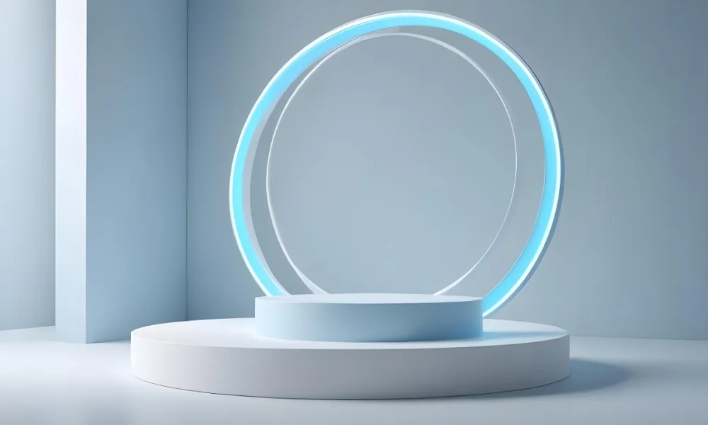 A Silver Podium With A Glass Circle Behind It Light Blue Background Minimalist Design Soft Lighting Clean And Modern Aesthetic Product Display Elegant Presentation 39 61e5
