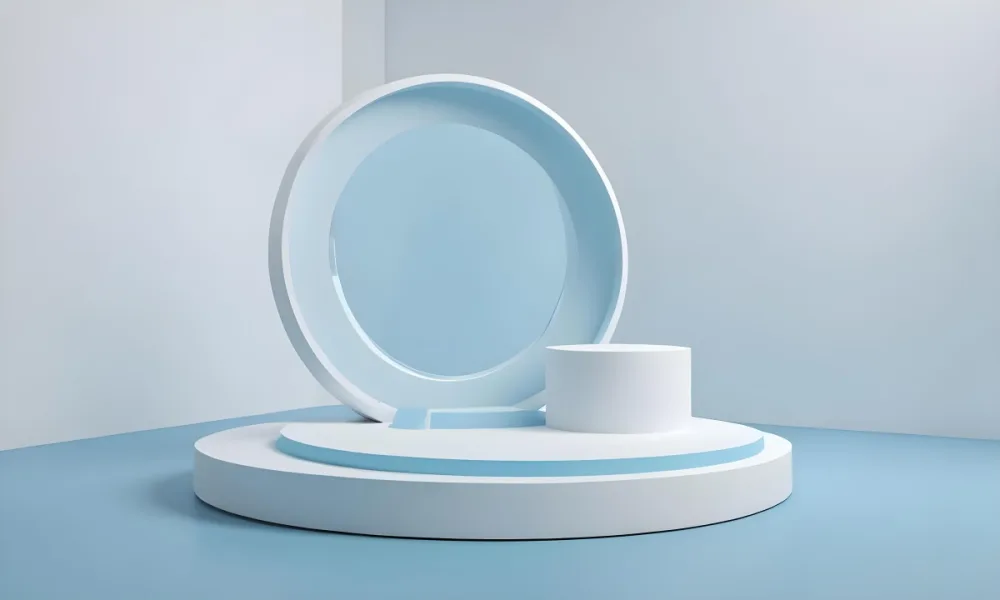 A Silver Podium With A Glass Circle Behind It Light Blue Background Minimalist Design Soft Lighting Clean And Modern Aesthetic Product Display Elegant Presentation 40 84ed