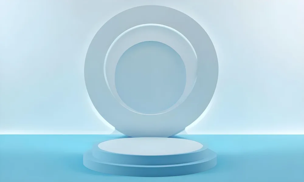 A Silver Podium With A Glass Circle Behind It Light Blue Background Minimalist Design Soft Lighting Clean And Modern Aesthetic Product Display Elegant Presentation 6 F584