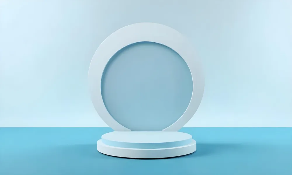 A Silver Podium With A Glass Circle Behind It Light Blue Background Minimalist Design Soft Lighting Clean And Modern Aesthetic Product Display Elegant Presentation 9 Ec95
