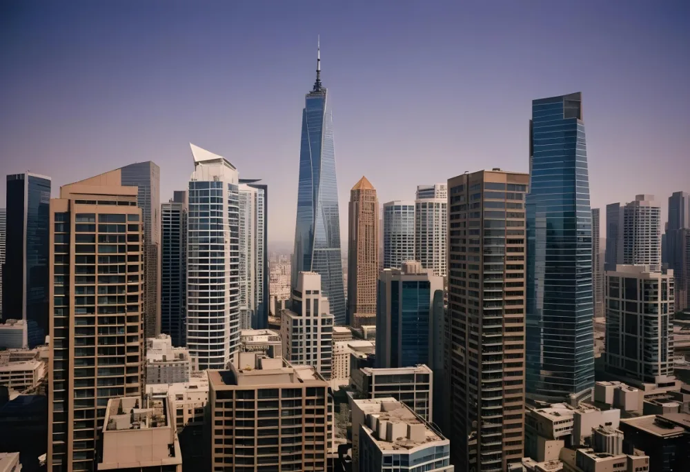 A Skyline View Of A Modern City Featuring Tall Skyscrapers With A Mix Of Glass And Concrete Facades The Tallest Building Is Sleek And Pointed Surrounded By Various Other High Rise Buildings The Sky Is Clear With A War 13 097f