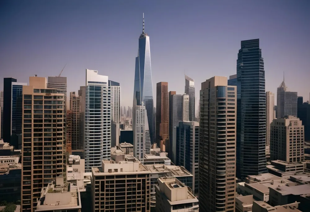 A Skyline View Of A Modern City Featuring Tall Skyscrapers With A Mix Of Glass And Concrete Facades The Tallest Building Is Sleek And Pointed Surrounded By Various Other High Rise Buildings The Sky Is Clear With A War 8 1e45