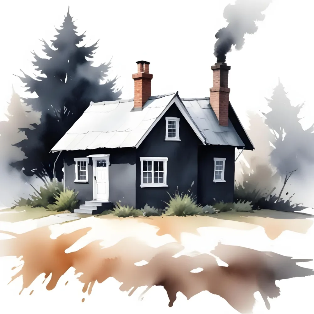 A Small Black House With A White Roof And A Chimney The House Is In A White Background 6 4fff