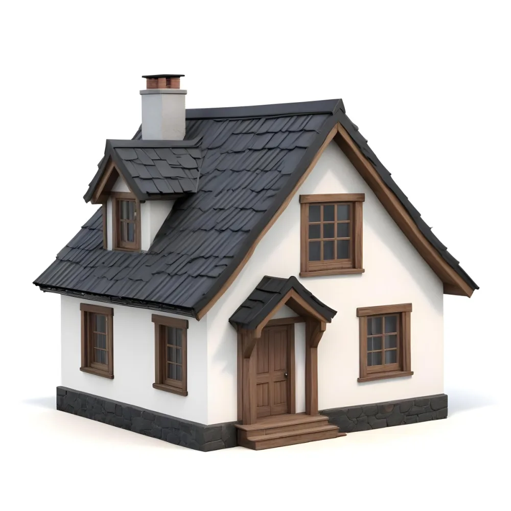 A Small White House With A Black Roof And A Wooden Foundation Wooden Door And Window Frames Isolated On Black Background 56 8701