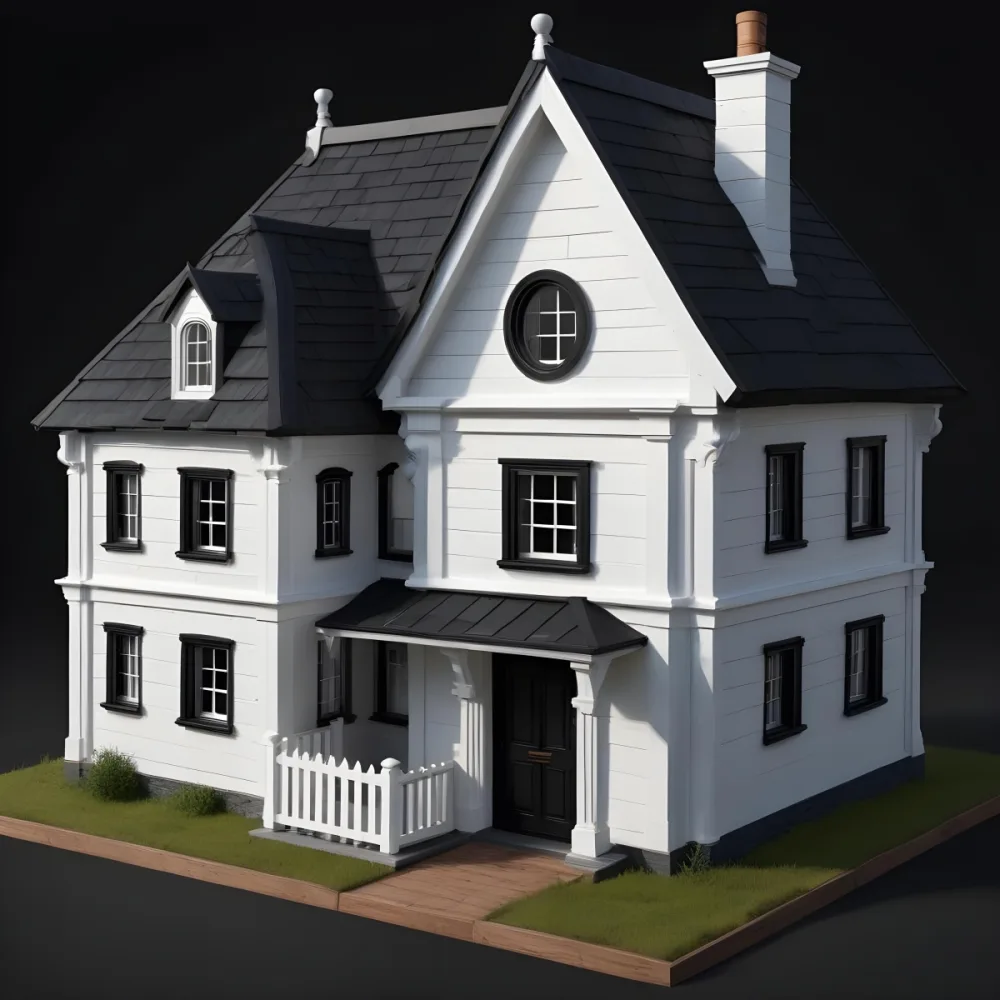 A Small White House With A Black Roof And A Wooden Foundation Wooden Door And Window Frames Isolated On Black Background 62 7dca
