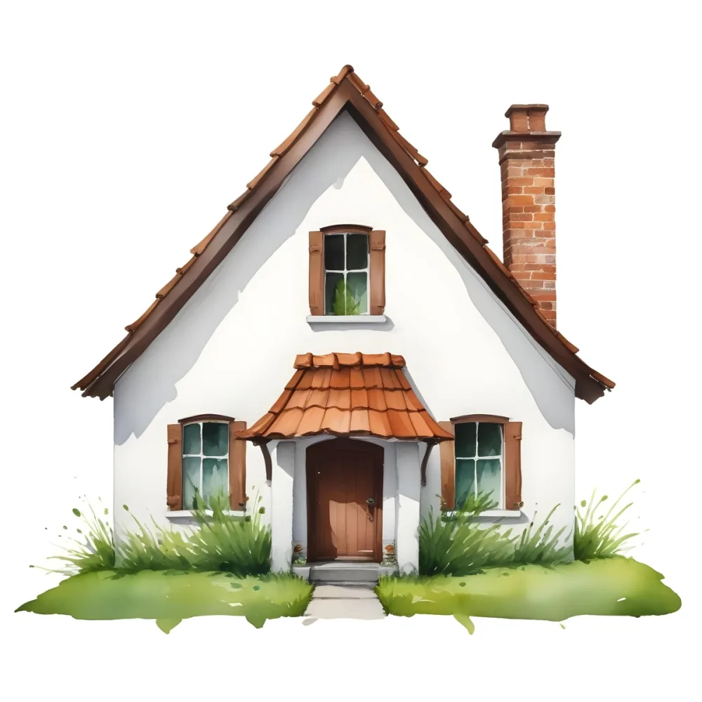 A Small White House With A Brown Roof And Chimney Surrounded By Green Grass On A White Background 22 A138