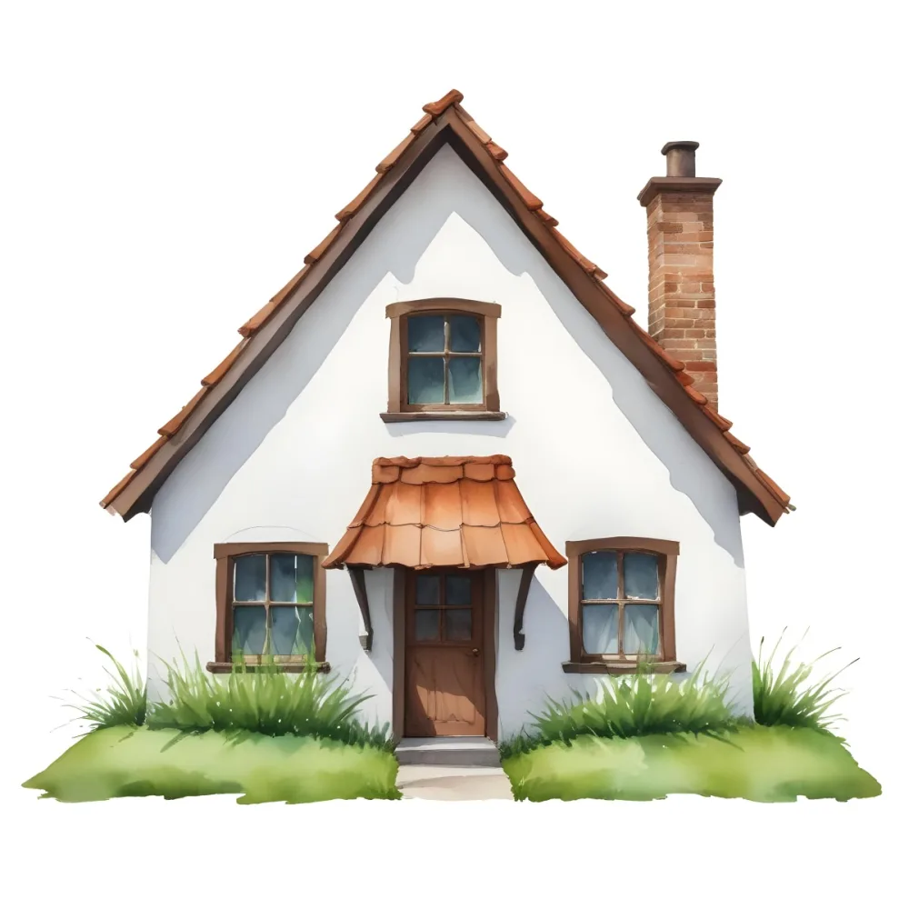A Small White House With A Brown Roof And Chimney Surrounded By Green Grass On A White Background 3 3da4